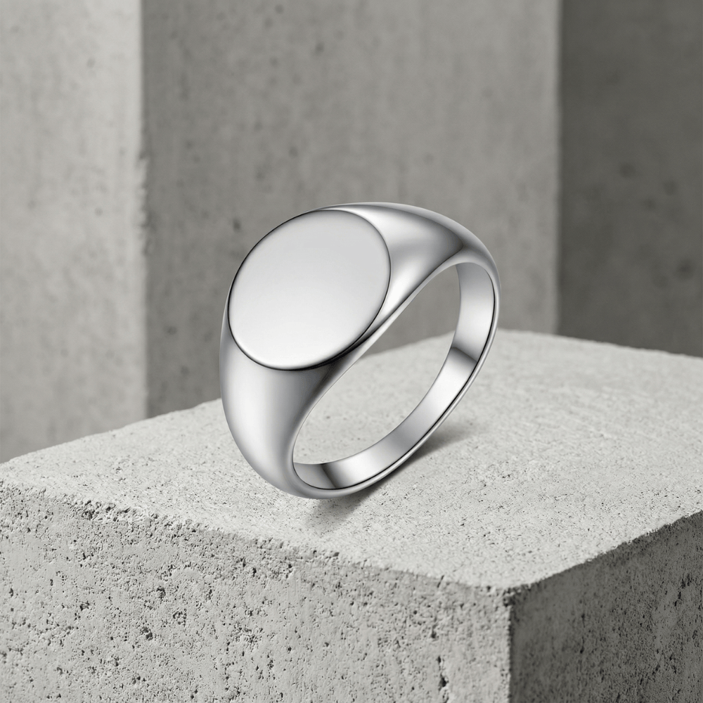 Bague chevalière homme argent plateau rond poli acier inoxydable