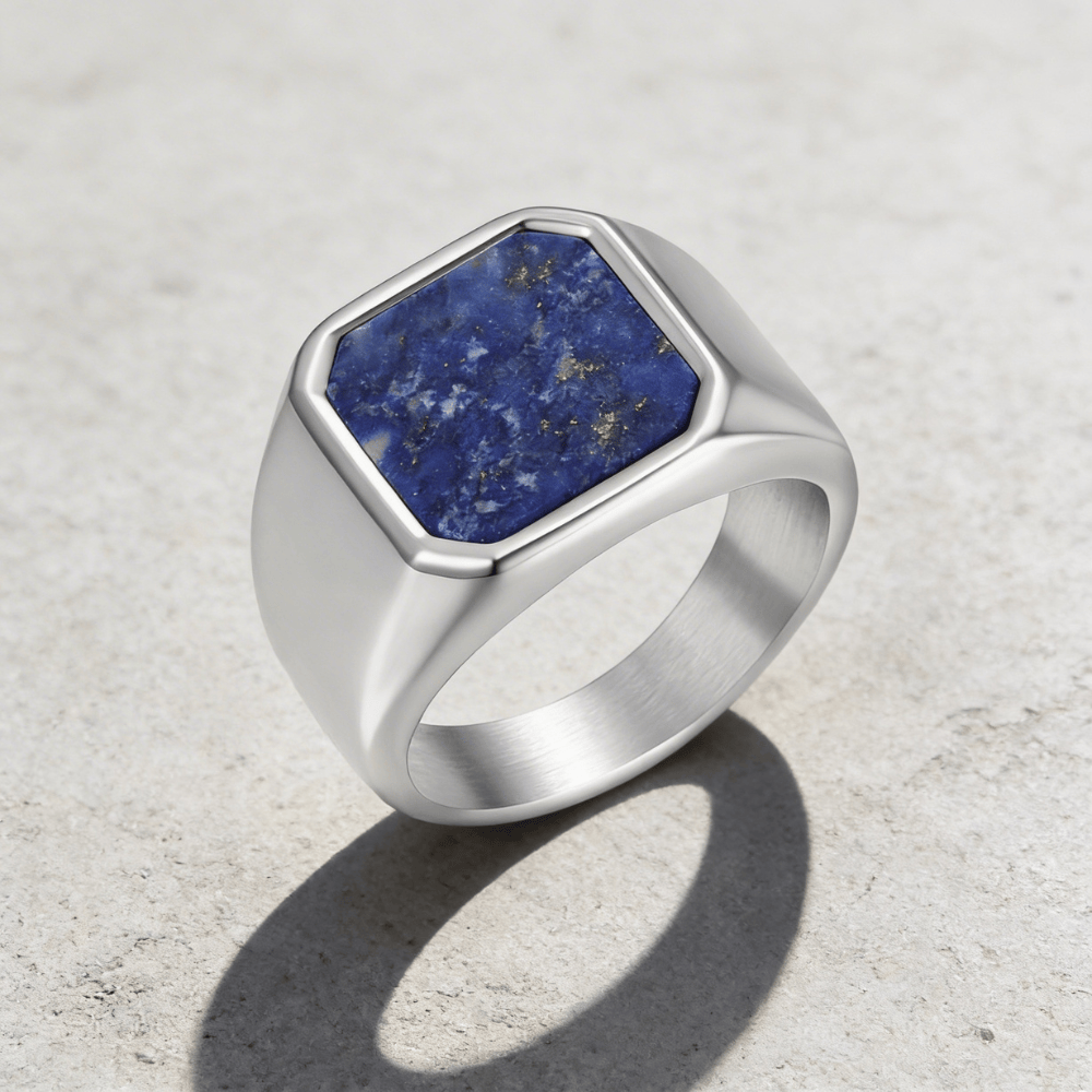 Chevalière homme lapis lazuli argent acier plateau carré