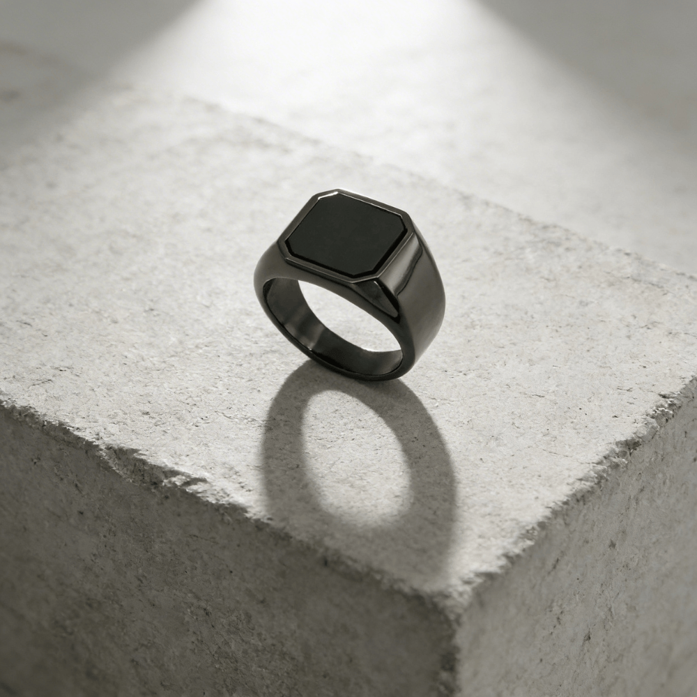 Chevalière homme onyx noire acier inoxydable