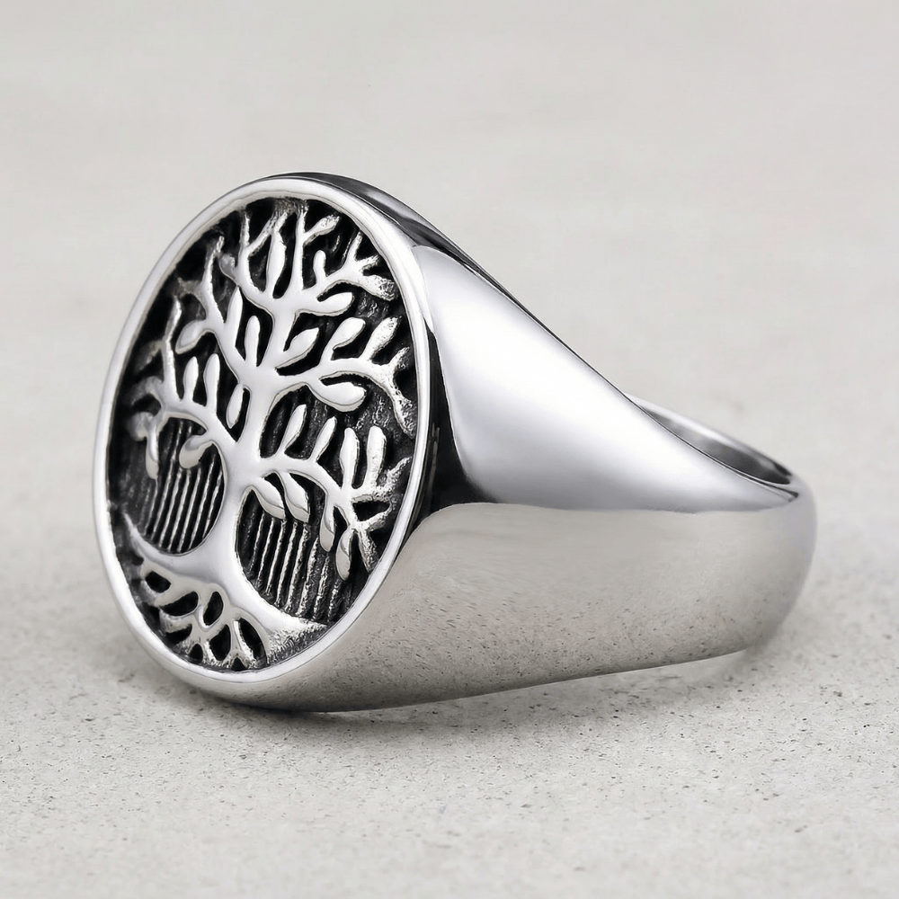 Chevalière pour homme arbre de vie acier inoxydable vue côté argent