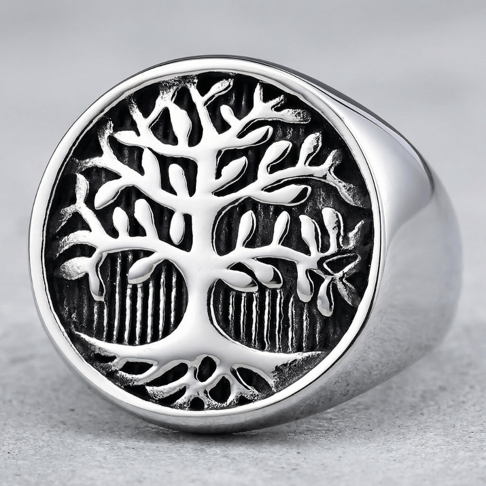 Bague chevalière homme arbre de vie plateau rond argent acier