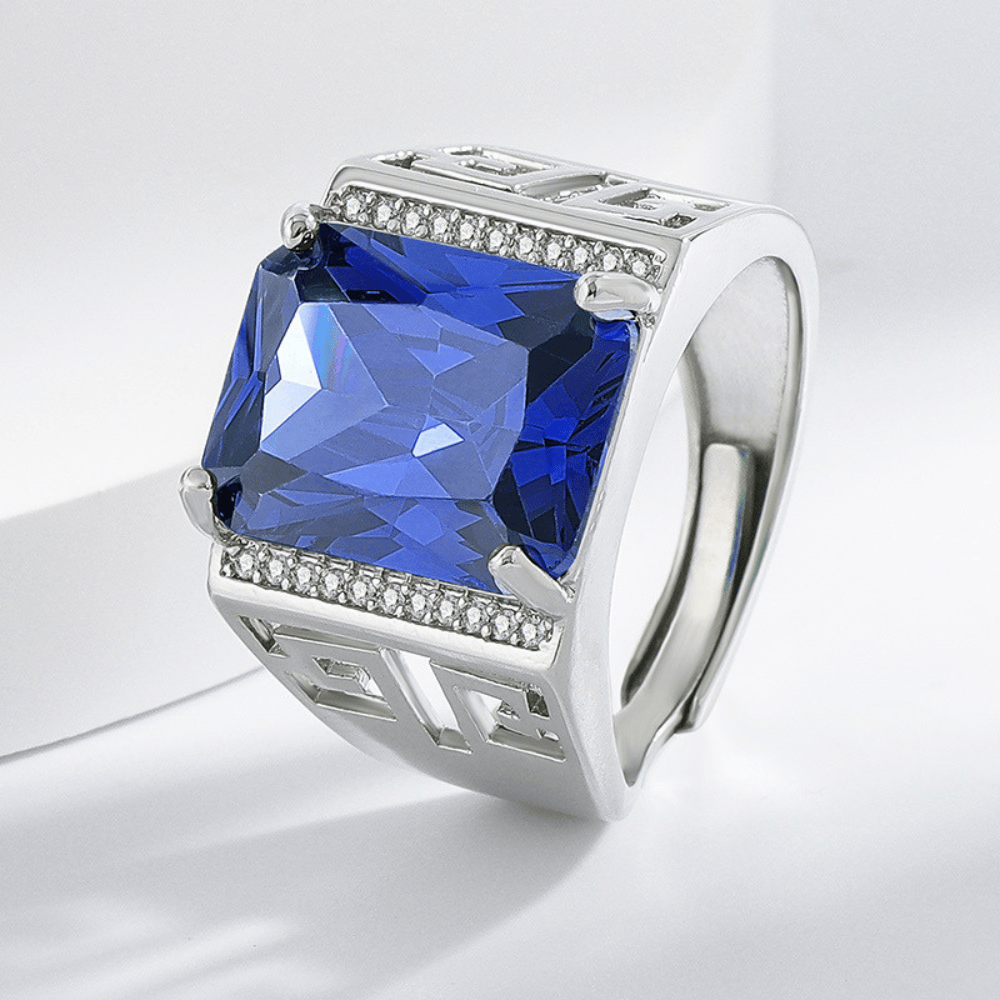 Chevalière homme argent luxe saphir bleu zircons plateau