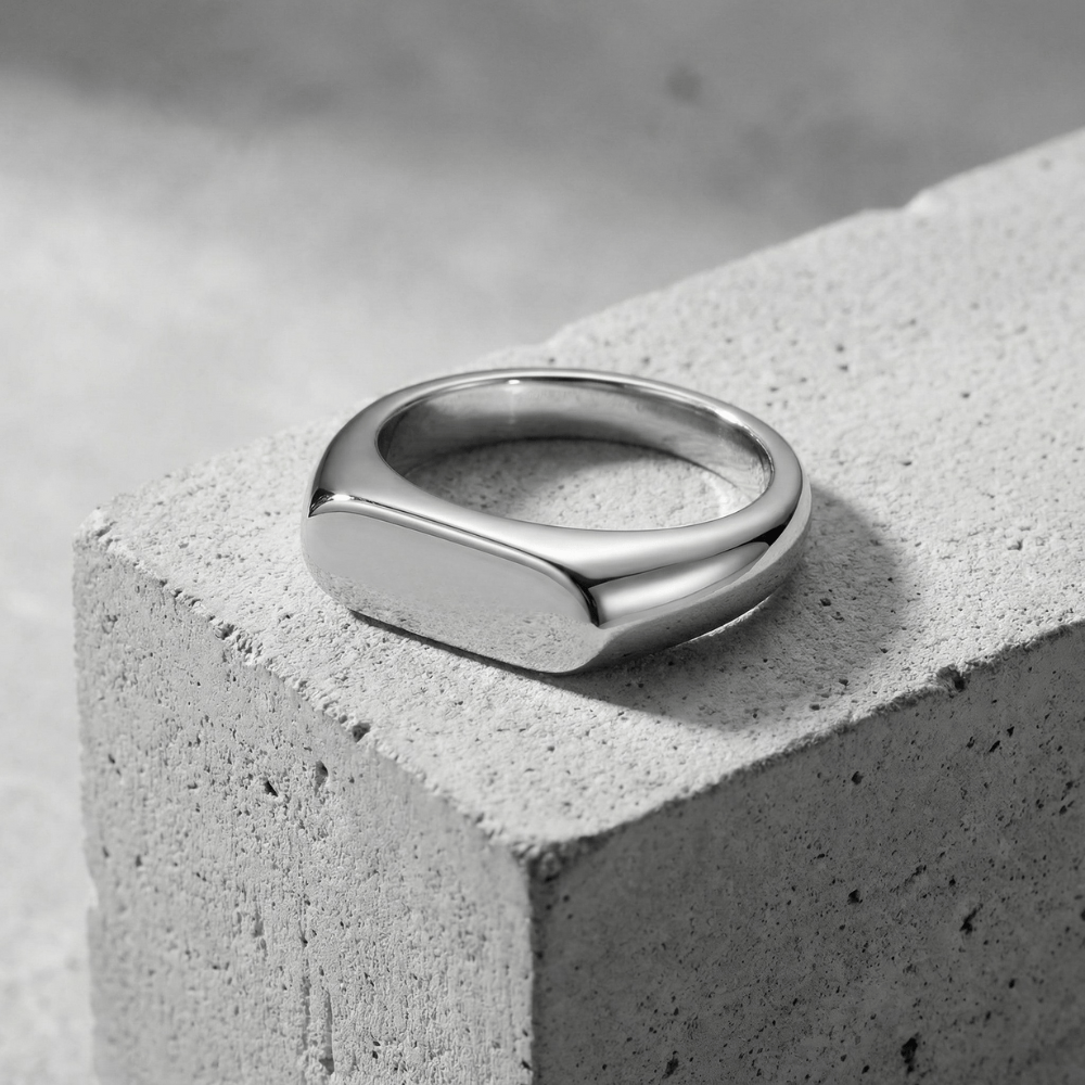 Chevalière homme argent rectangulaire acier inoxydable bague fine