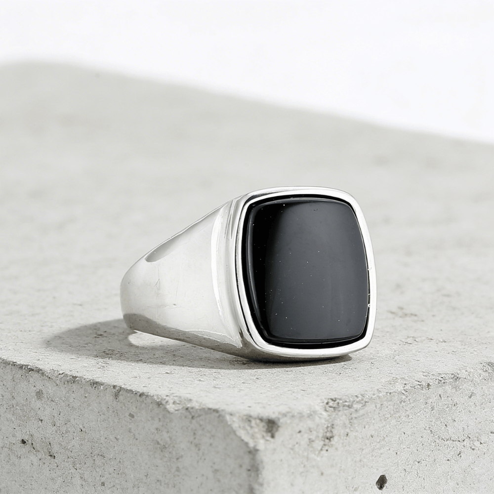 Chevalière homme onyx noir argent acier inoxydable