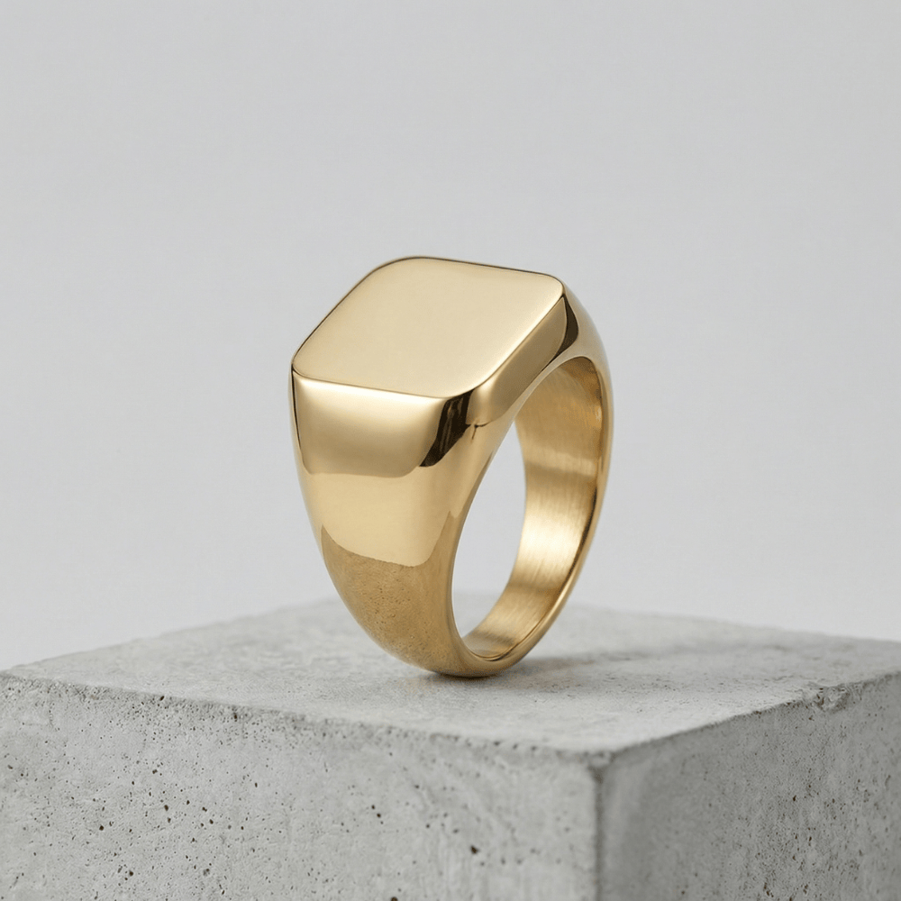 Chevalière homme or acier inoxydable plateau coussin