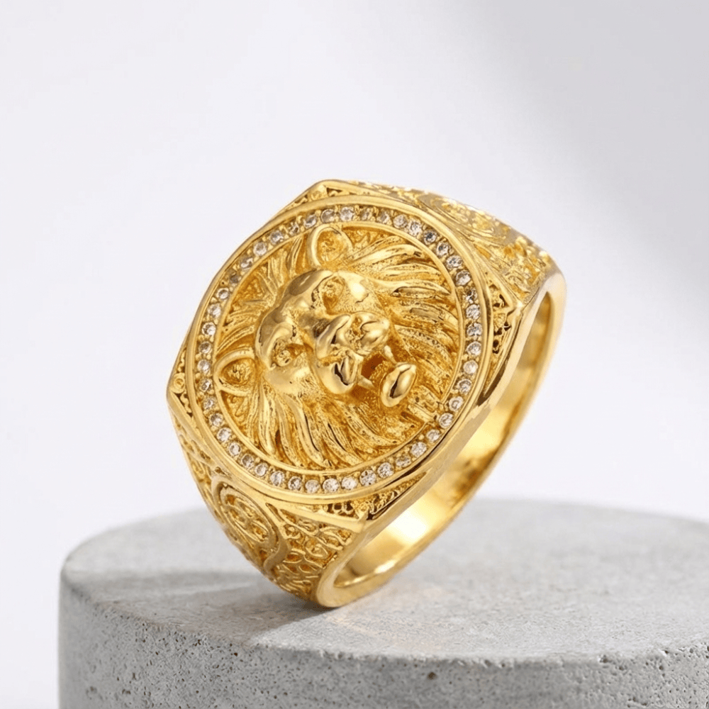Grosse chevalière homme or lion bague cuivre finition or
