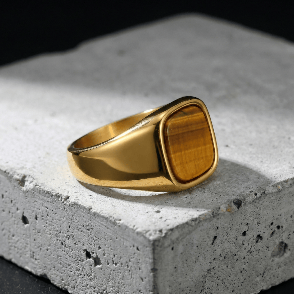 Chevalière homme or oeil de tigre acier inoxydable