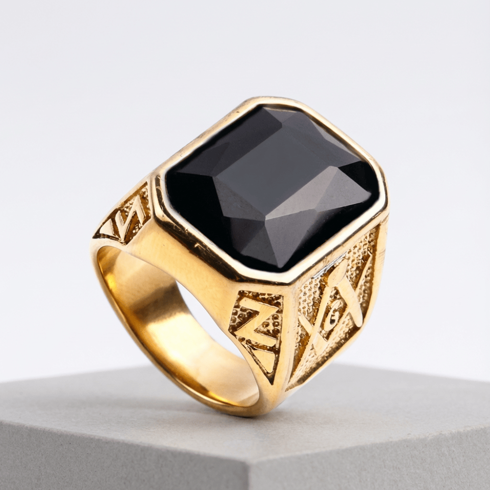 Bague chevalière homme or pierre couleur onyx noire acier inoxydable