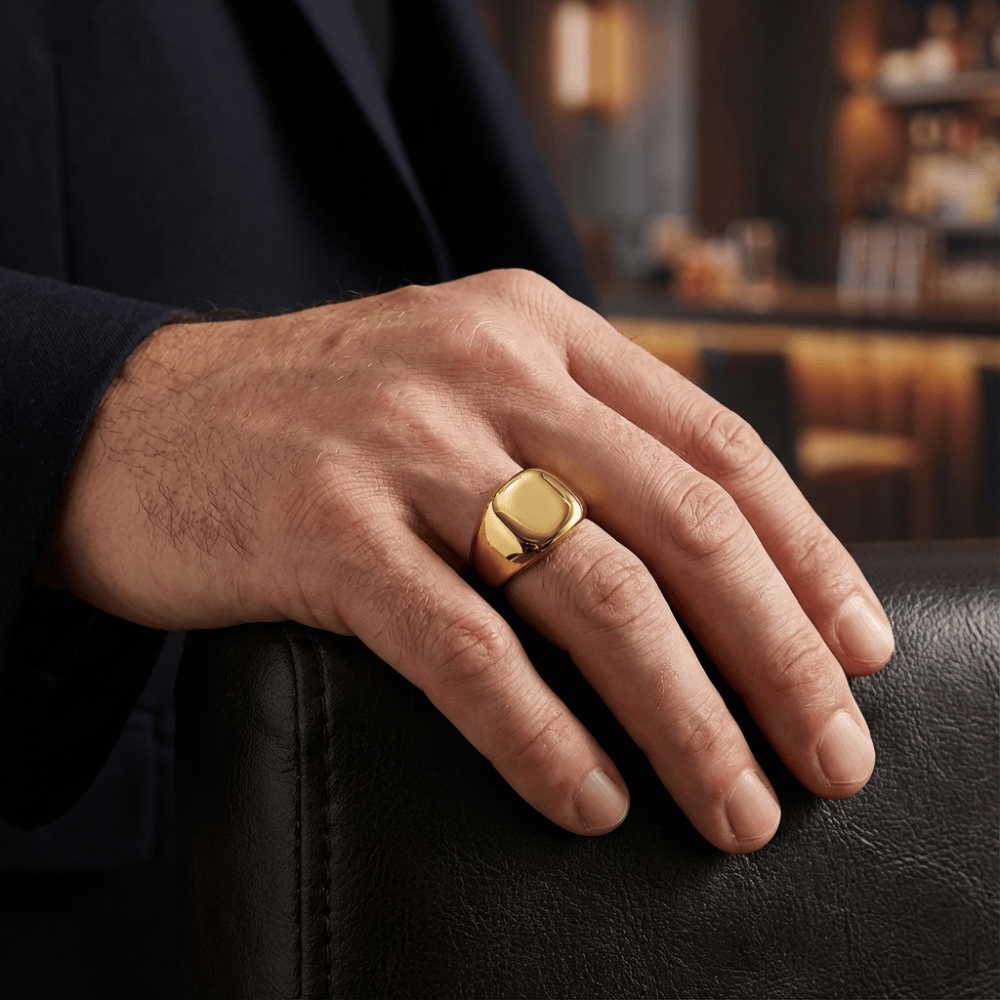 Chevalière homme or acier inoxydable bague portée