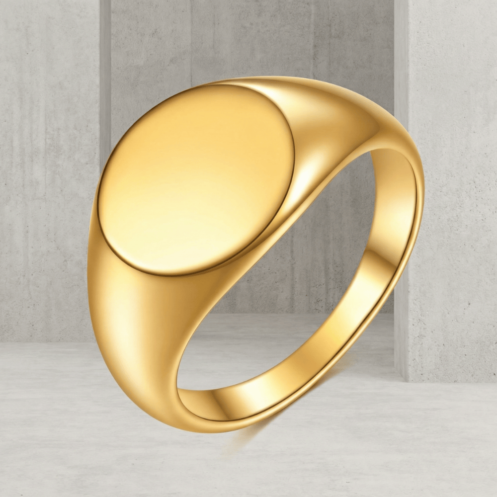 Chevalière homme or ronde plateau lisse poli acier inoxydable