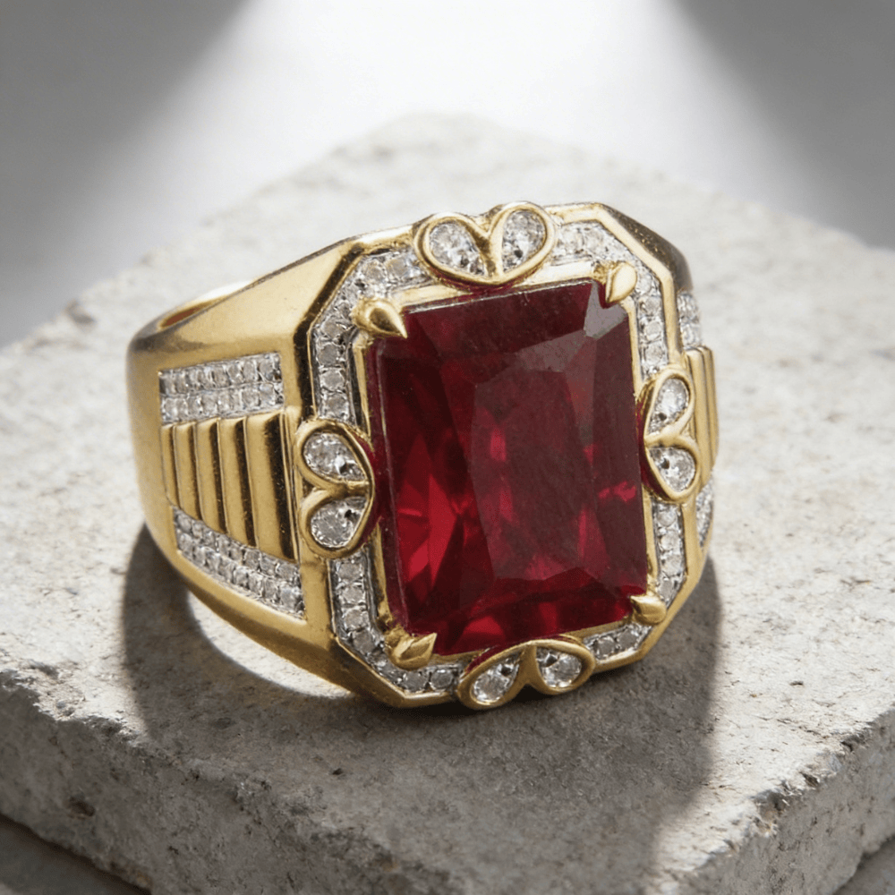 Chevalière homme or et rubis plateau rectangulaire zircons pavés