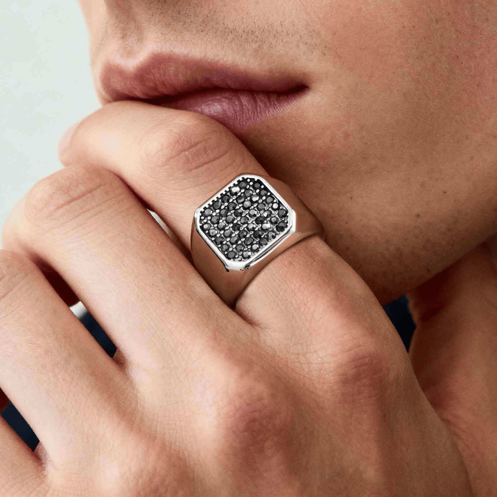 Bague chevalière homme pierre noire serti pavé acier inoxydable