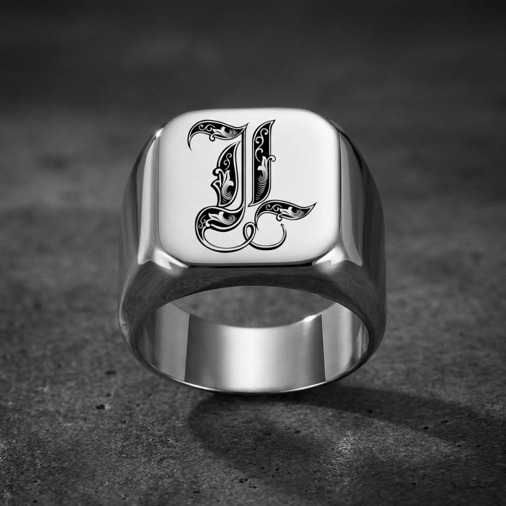 Chevalière homme personnalisable gravure initiale argent acier inoxydable