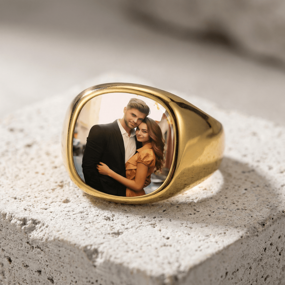 Chevalière homme photo personnalisé or acier inoxydable bague