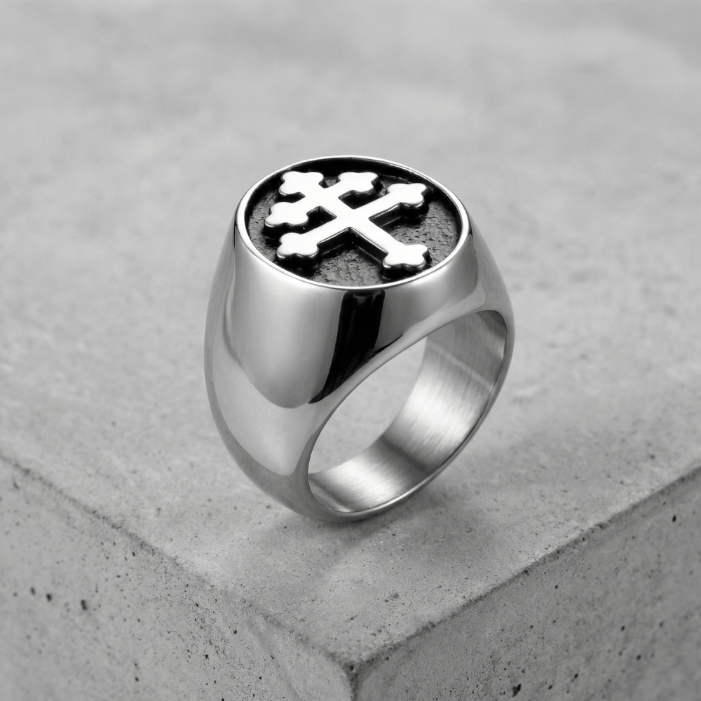 chevalière noire homme argent croix templier plateau ovale acier inoxydable