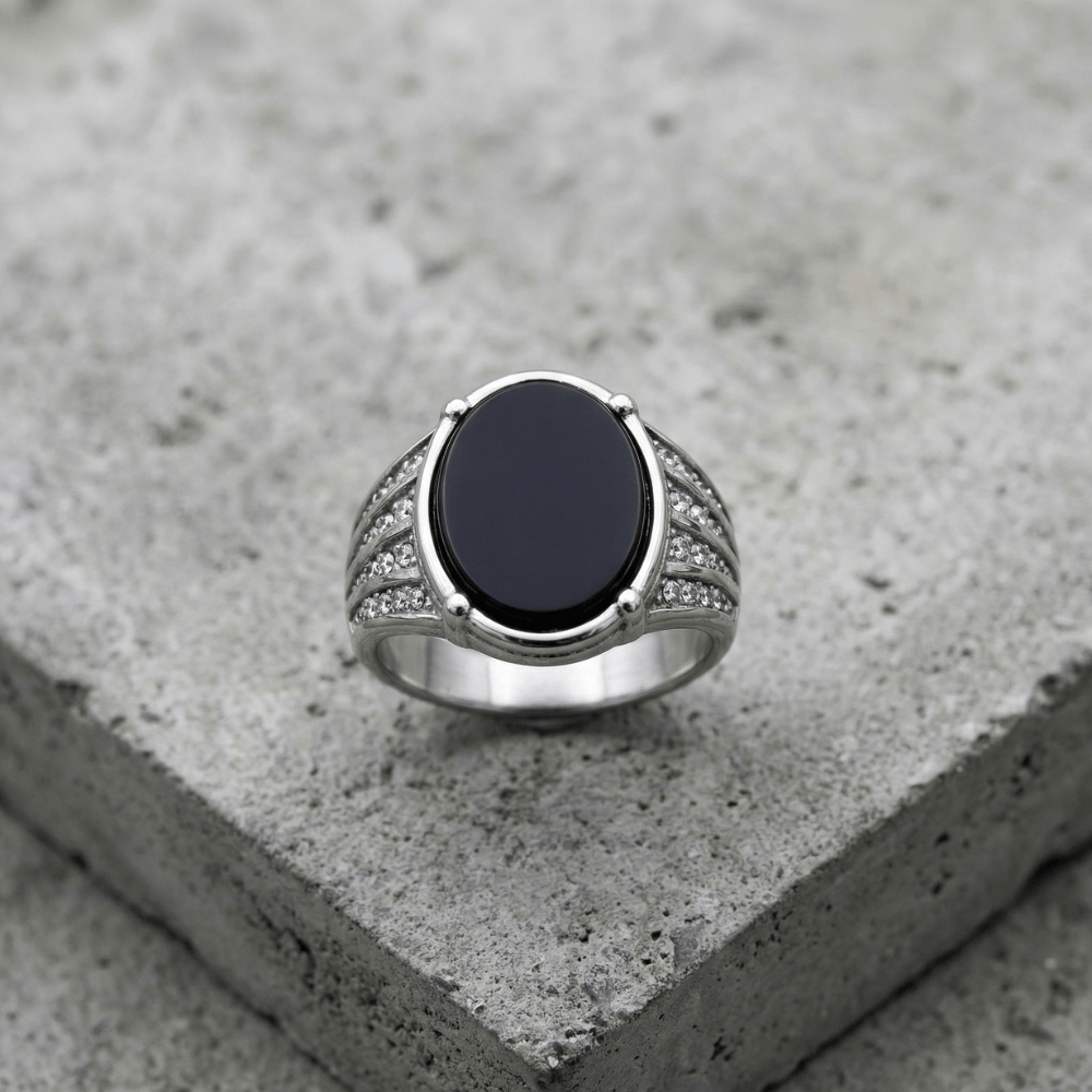 Chevalière ovale homme onyx noire acier inoxydable