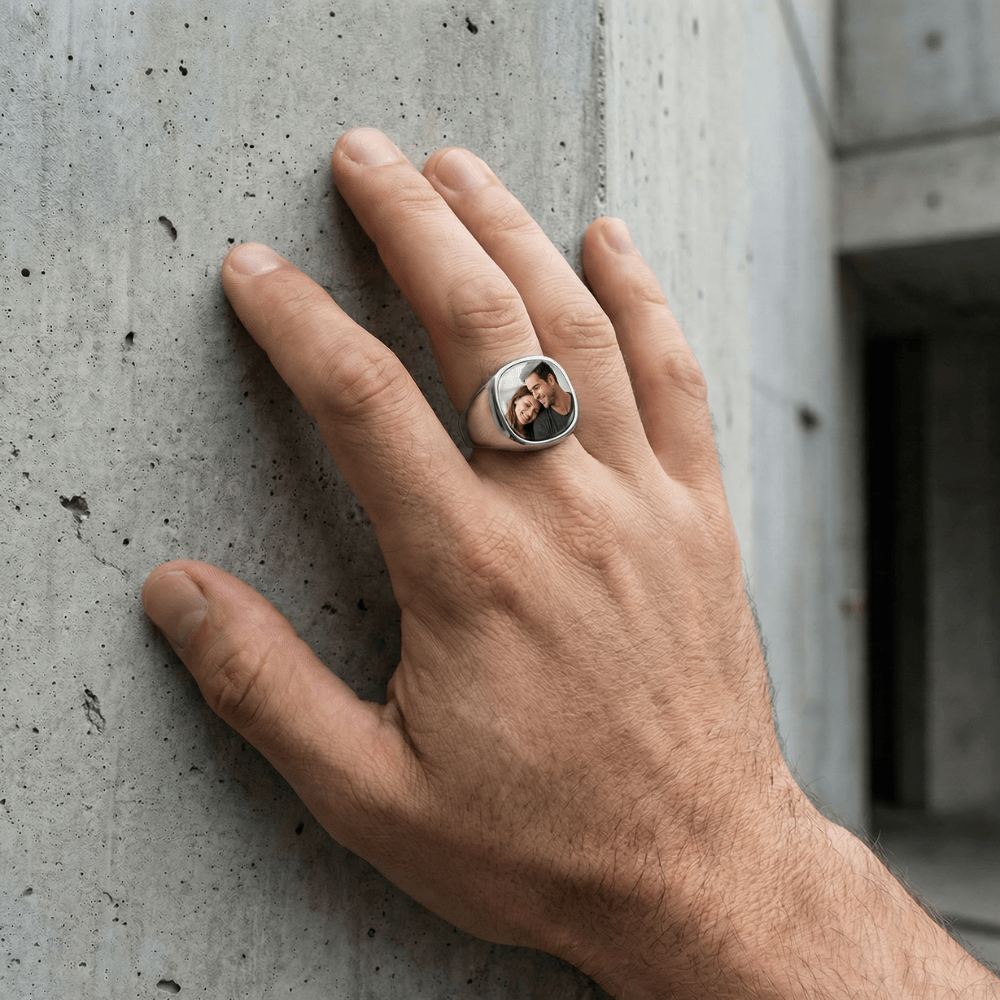 Bague personnalisée photo homme chevalière argent acier inoxydable
