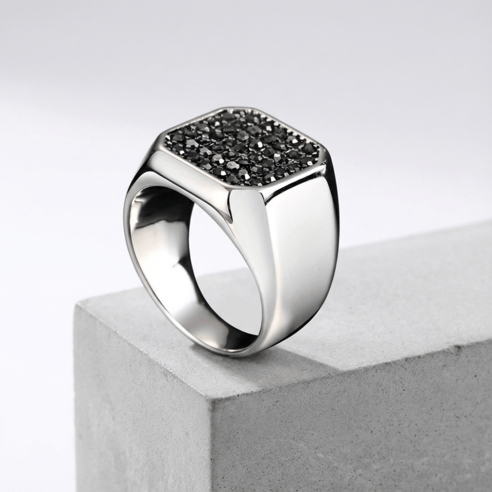 Des Finitions Exemplaires - Chevalière pour Homme Luxe Pierres Noires Argent