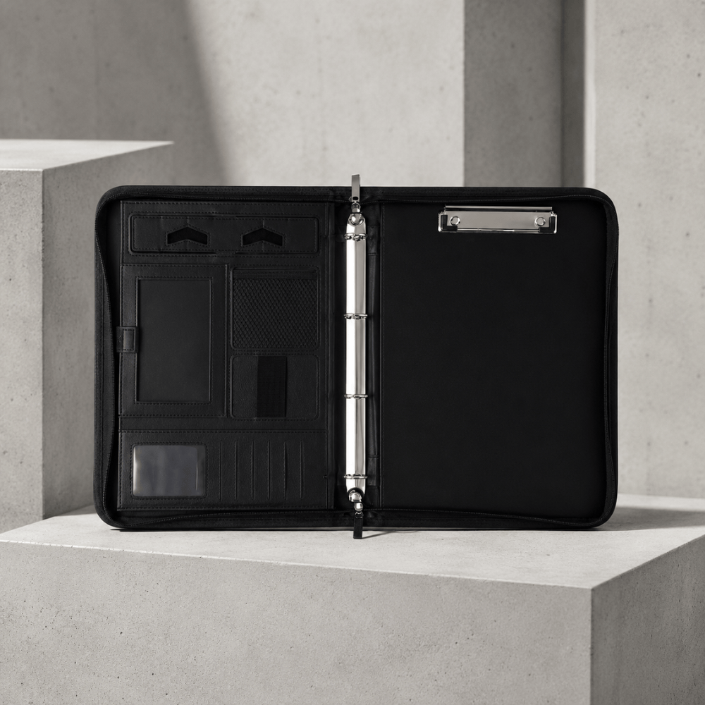 Intérieur noir ouvert : classeur 4 anneaux, pince porte-bloc, porte-cartes et support téléphone