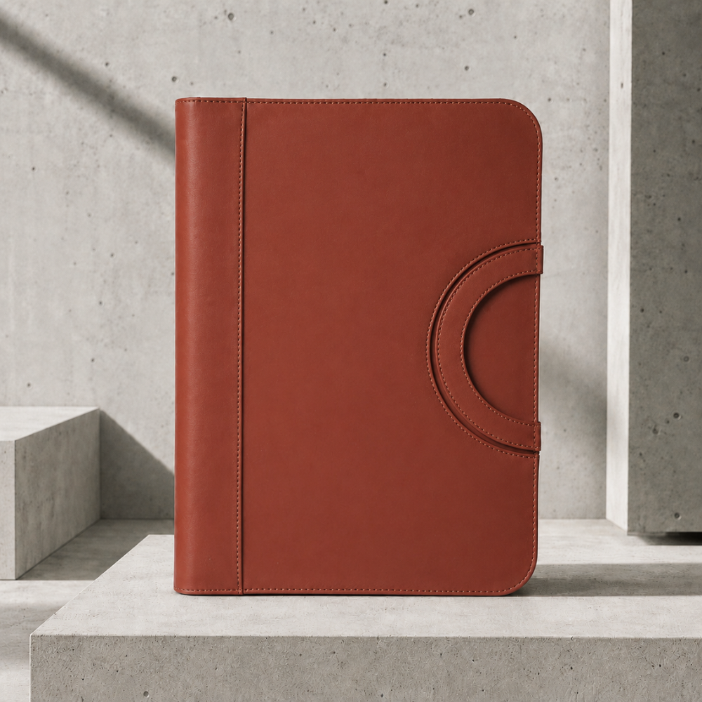 Classeur porte-document A4 à anneaux marron fermé, poignée arrondie latérale