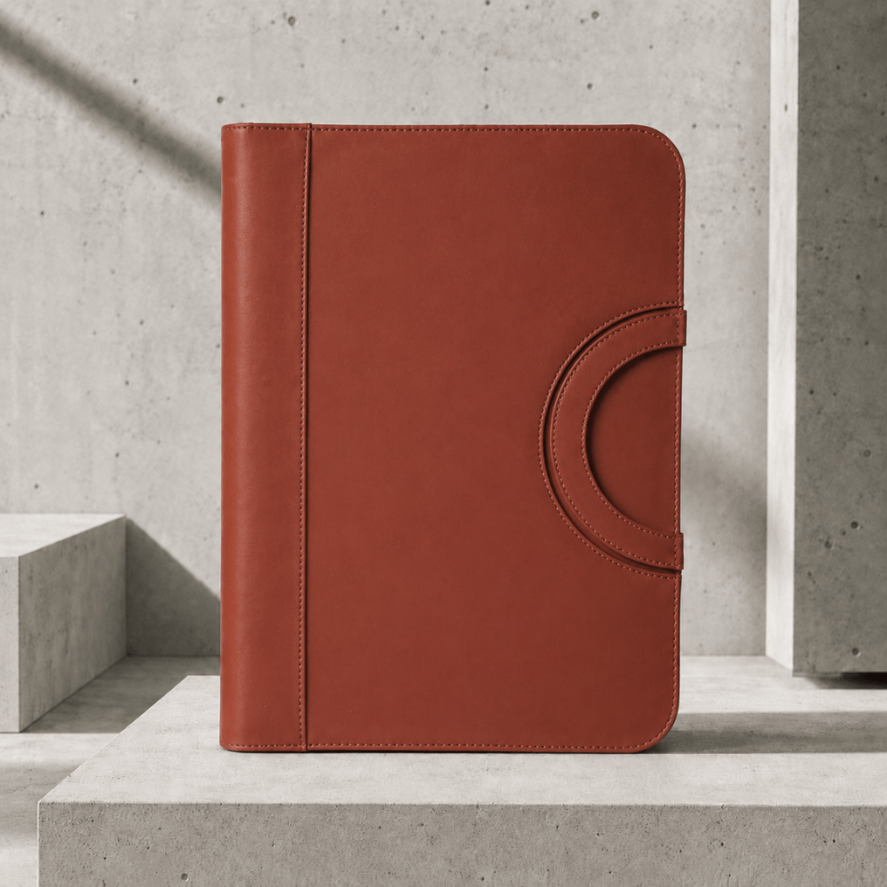 Classeur porte-document A4 à anneaux marron fermé, poignée arrondie latérale