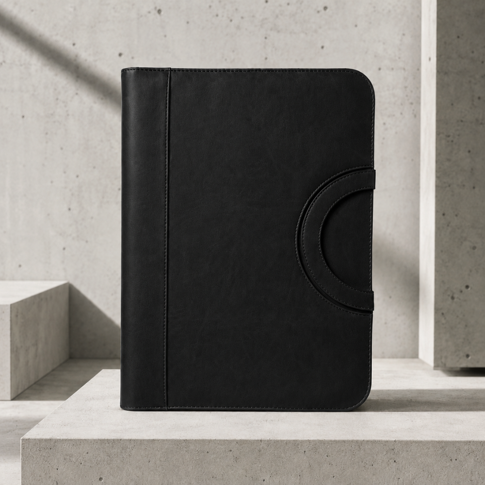 Classeur porte-document A4 à anneaux noir fermé, poignée arrondie latérale, sur béton