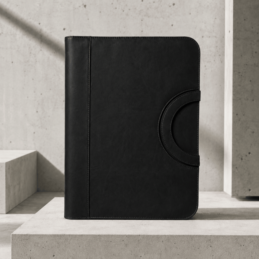 Classeur porte-document A4 à anneaux noir fermé, poignée arrondie latérale, sur béton