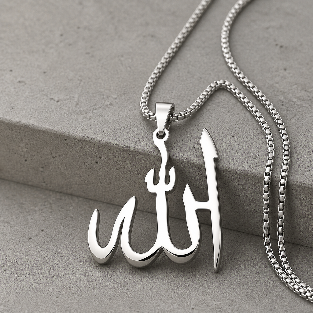 collier allah homme pendentif calligraphie acier argent