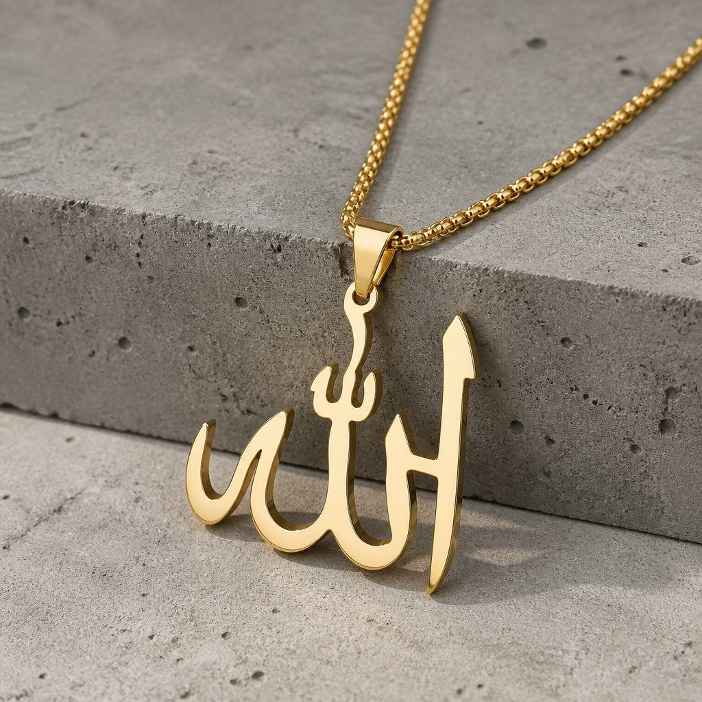 collier allah homme pendentif calligraphie acier or