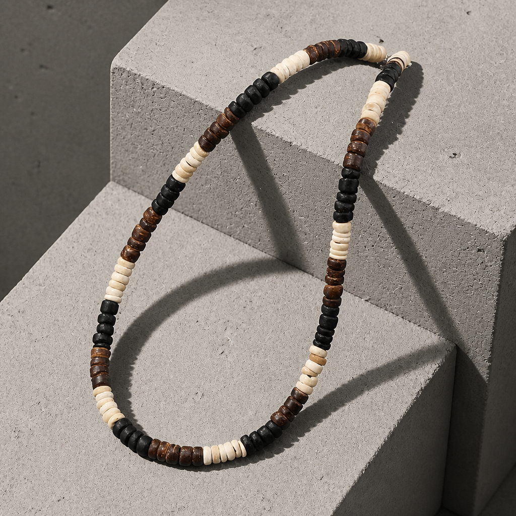 collier bois homme perles de coco tricolore beige marron noir