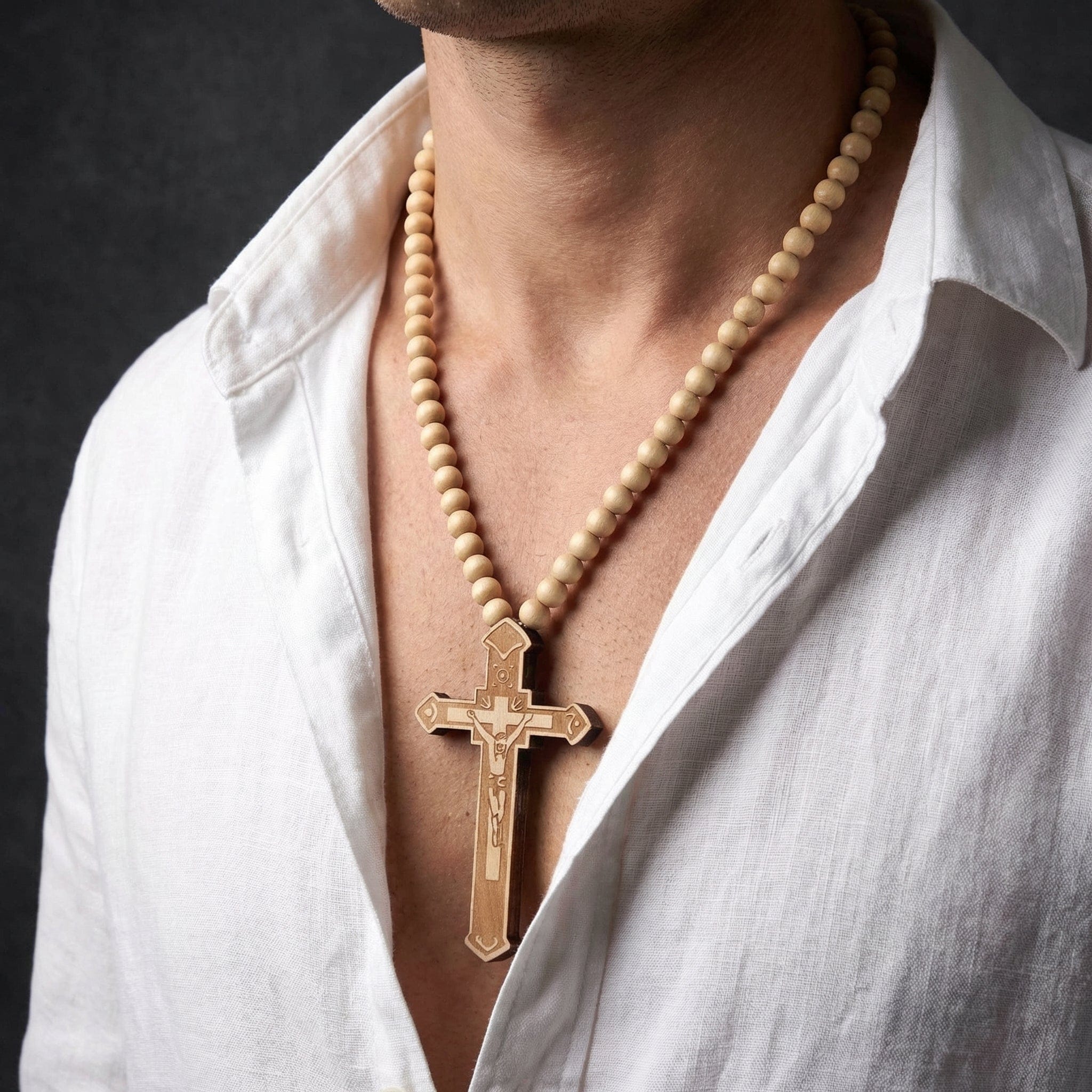 collier chapelet bois clair