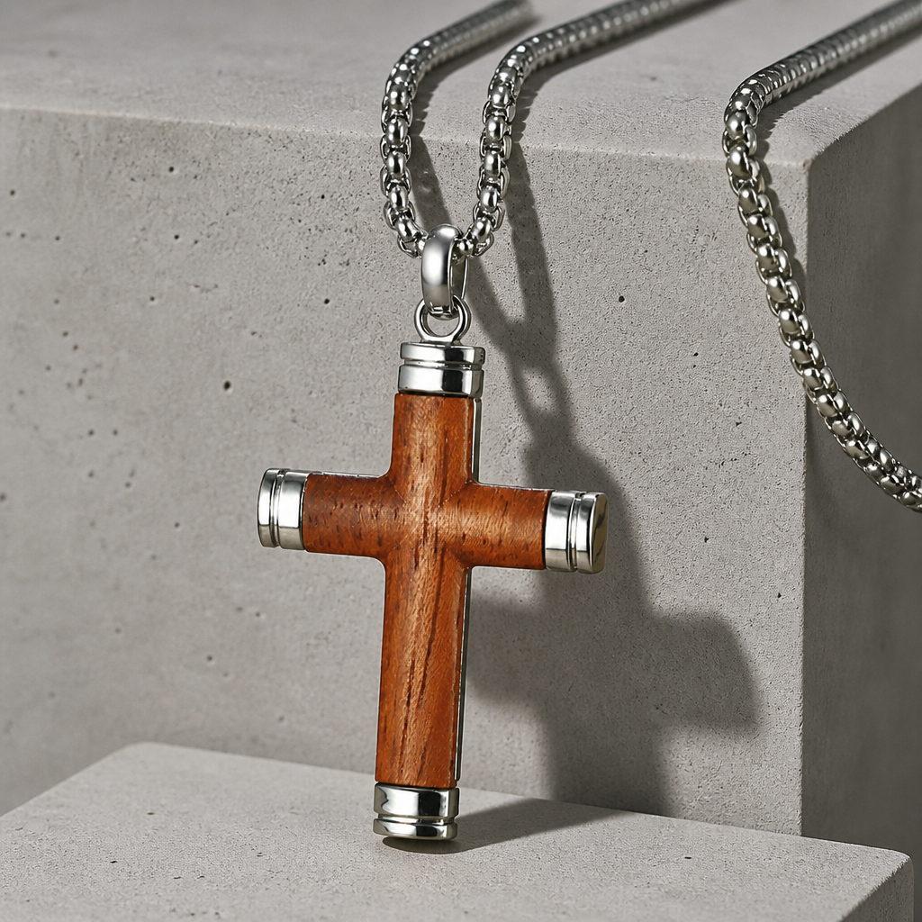 collier croix en bois homme pendentif acier argent
