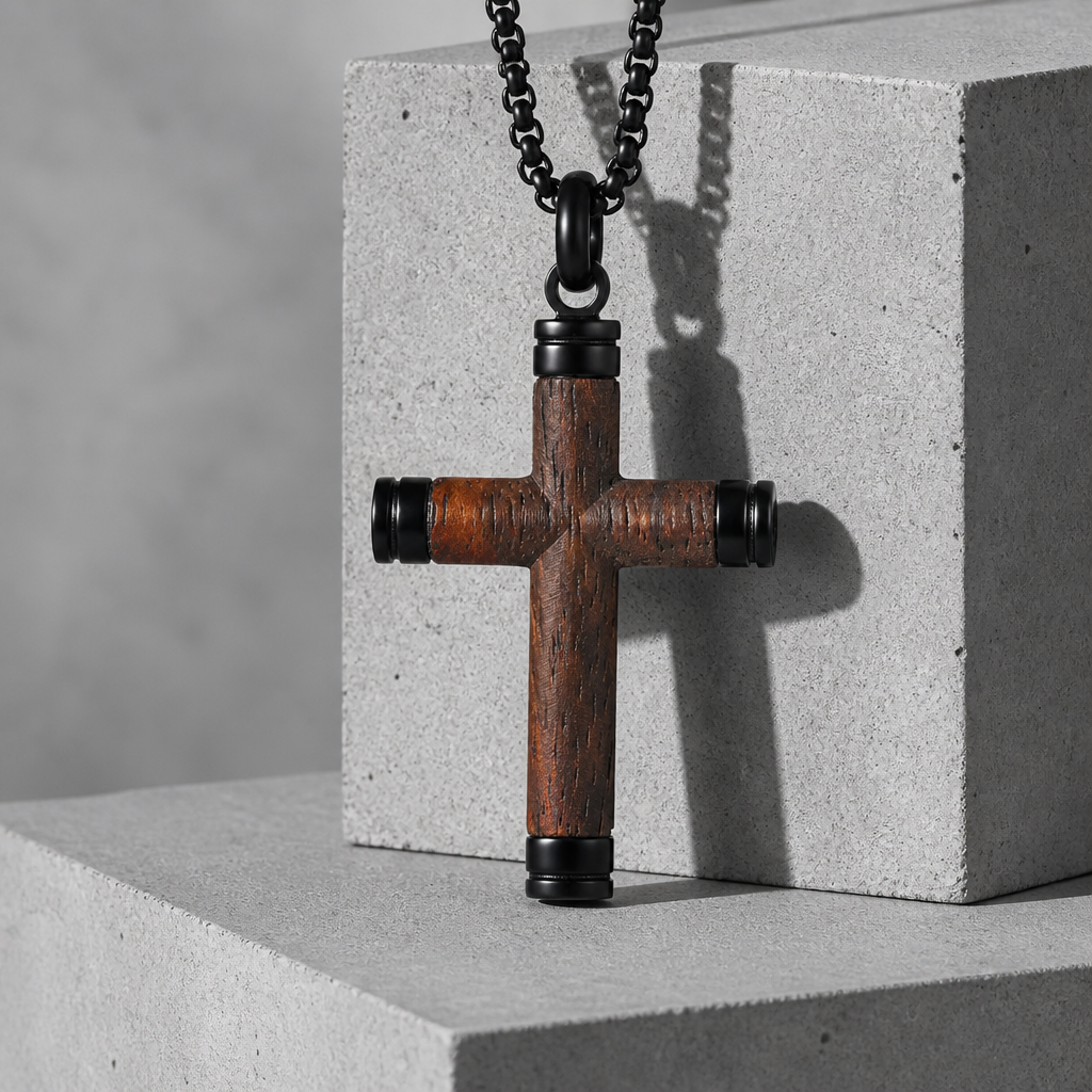 collier croix bois homme pendentif acier noir