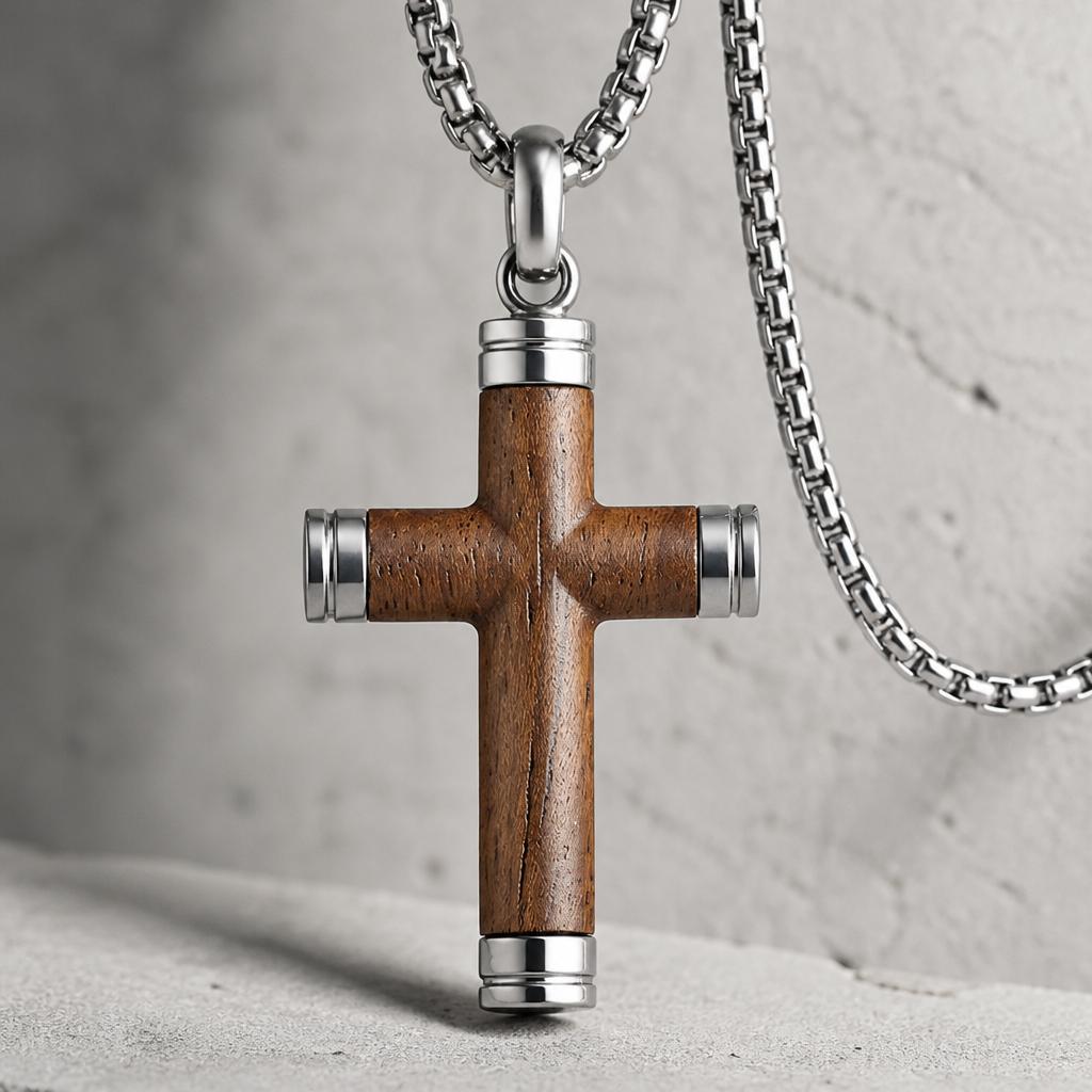 pendentif croix bois homme acier argent gros plan