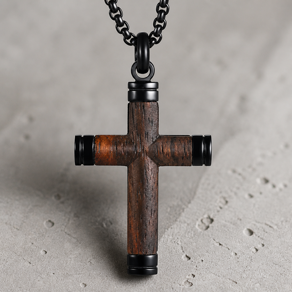 pendentif croix en bois homme acier noir