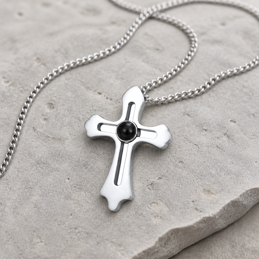 Collier croix personnalisé photo homme, finition argent