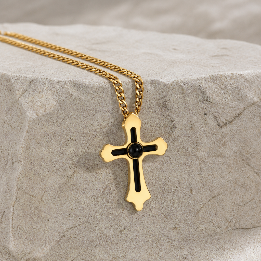 Collier croix personnalisé photo homme, finition or