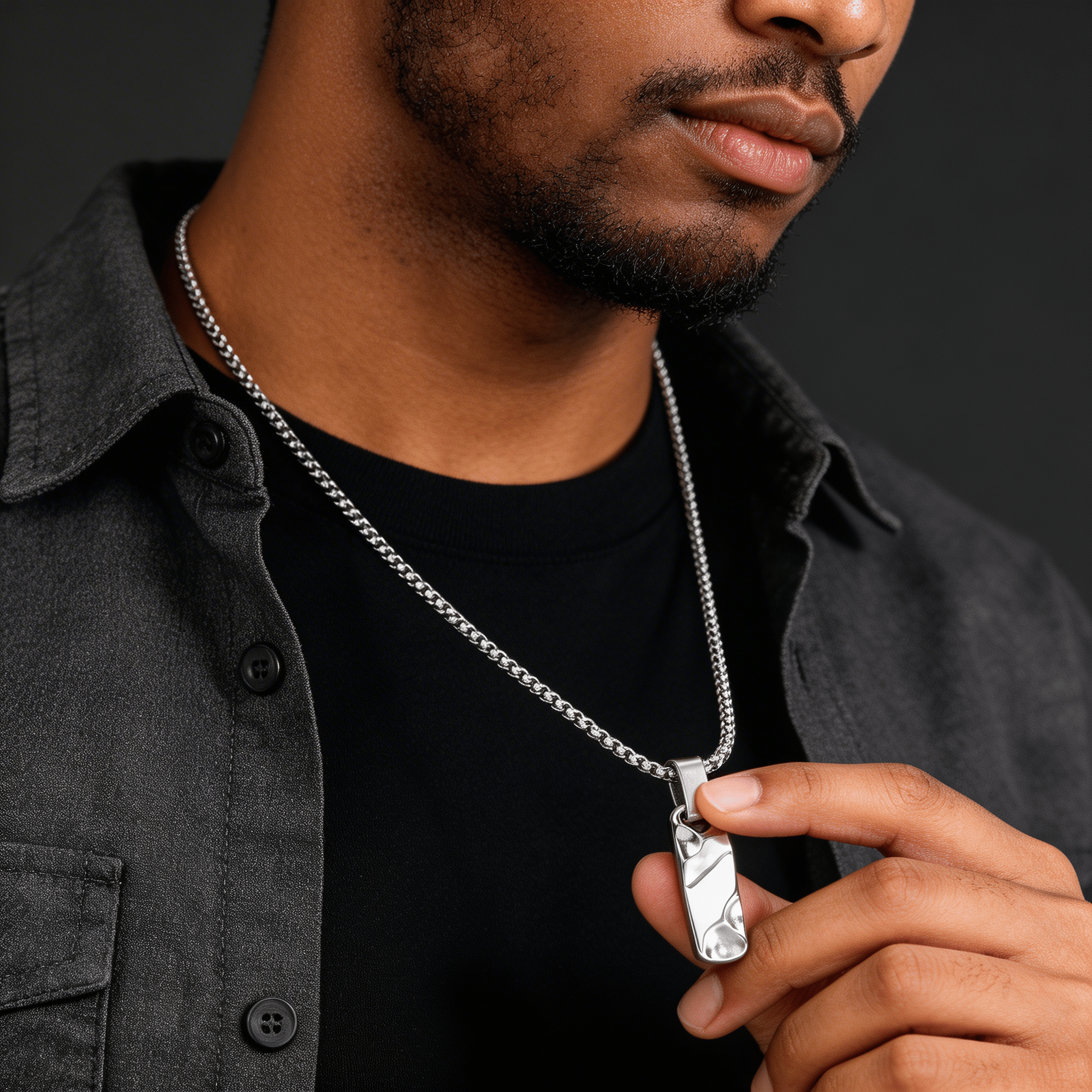 collier homme pendentif barre argent acier inoxydable