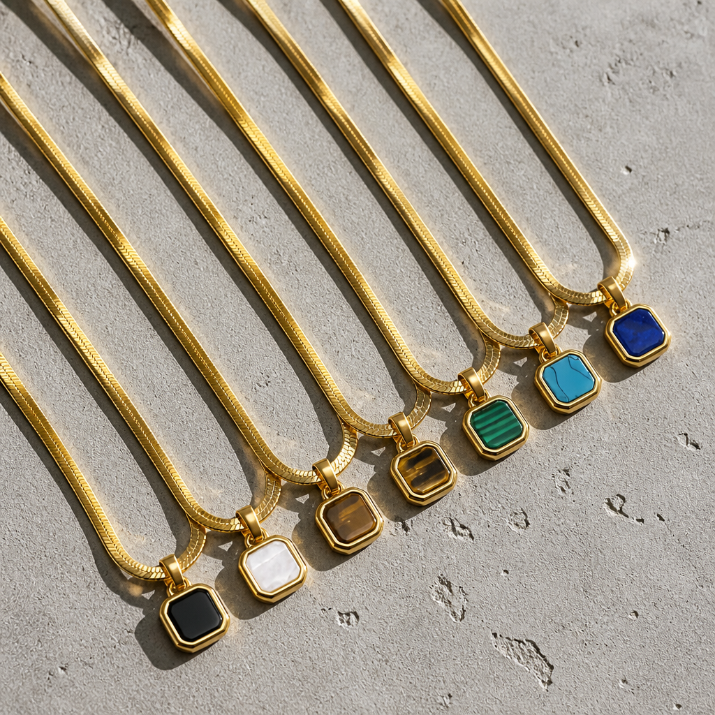 collier homme pendentif pierre chaîne plate or six pierres naturelles