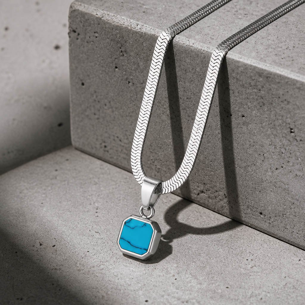 pendentif homme turquoise chaîne plate argent acier inoxydable