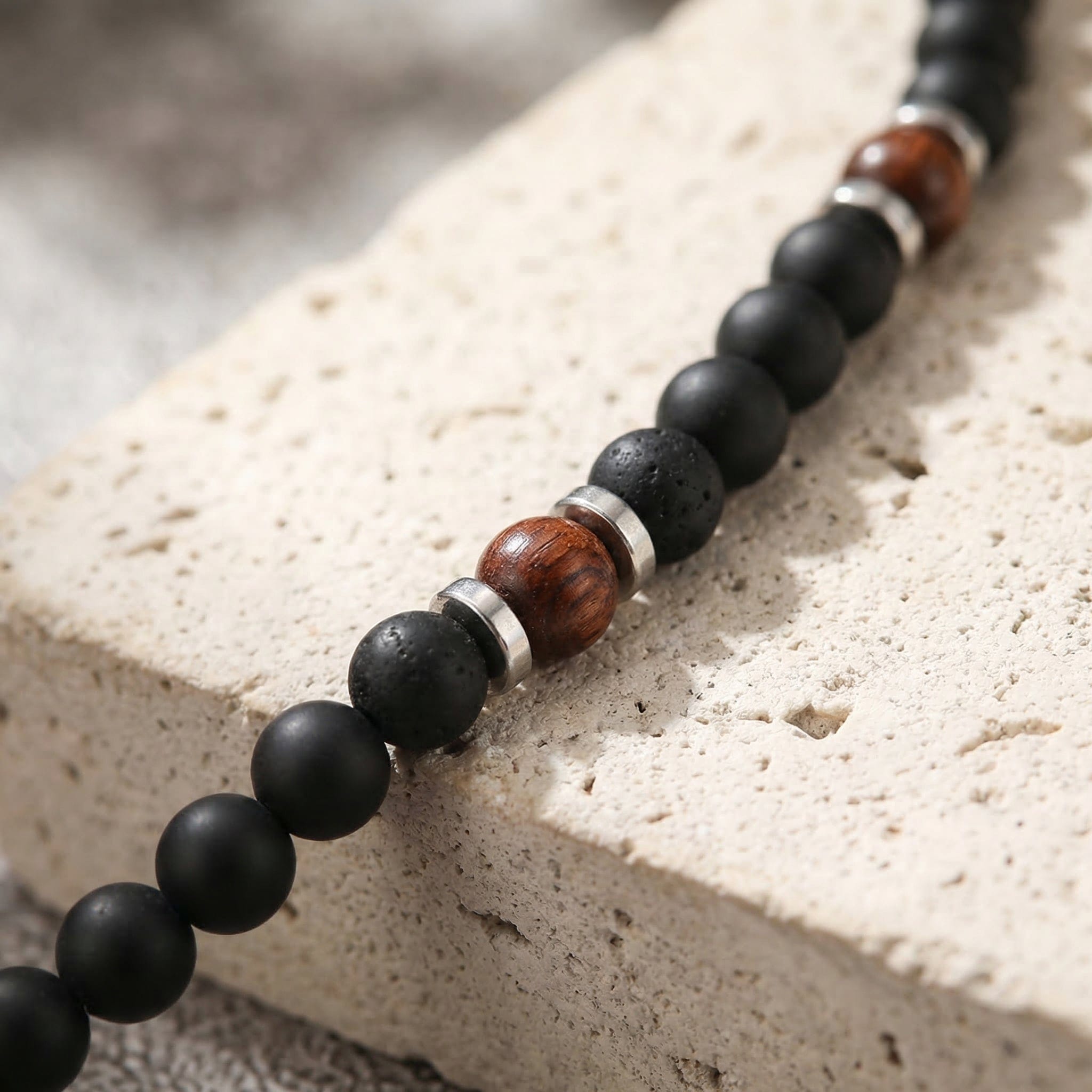 collier perle noire homme acajou acier inoxydable