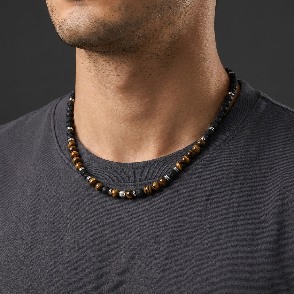collier original homme pierre de lave et oeil de tigre