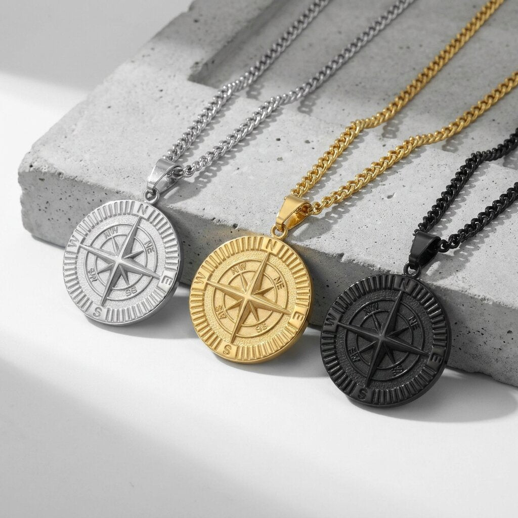 collier pendentif boussole homme acier inoxydable