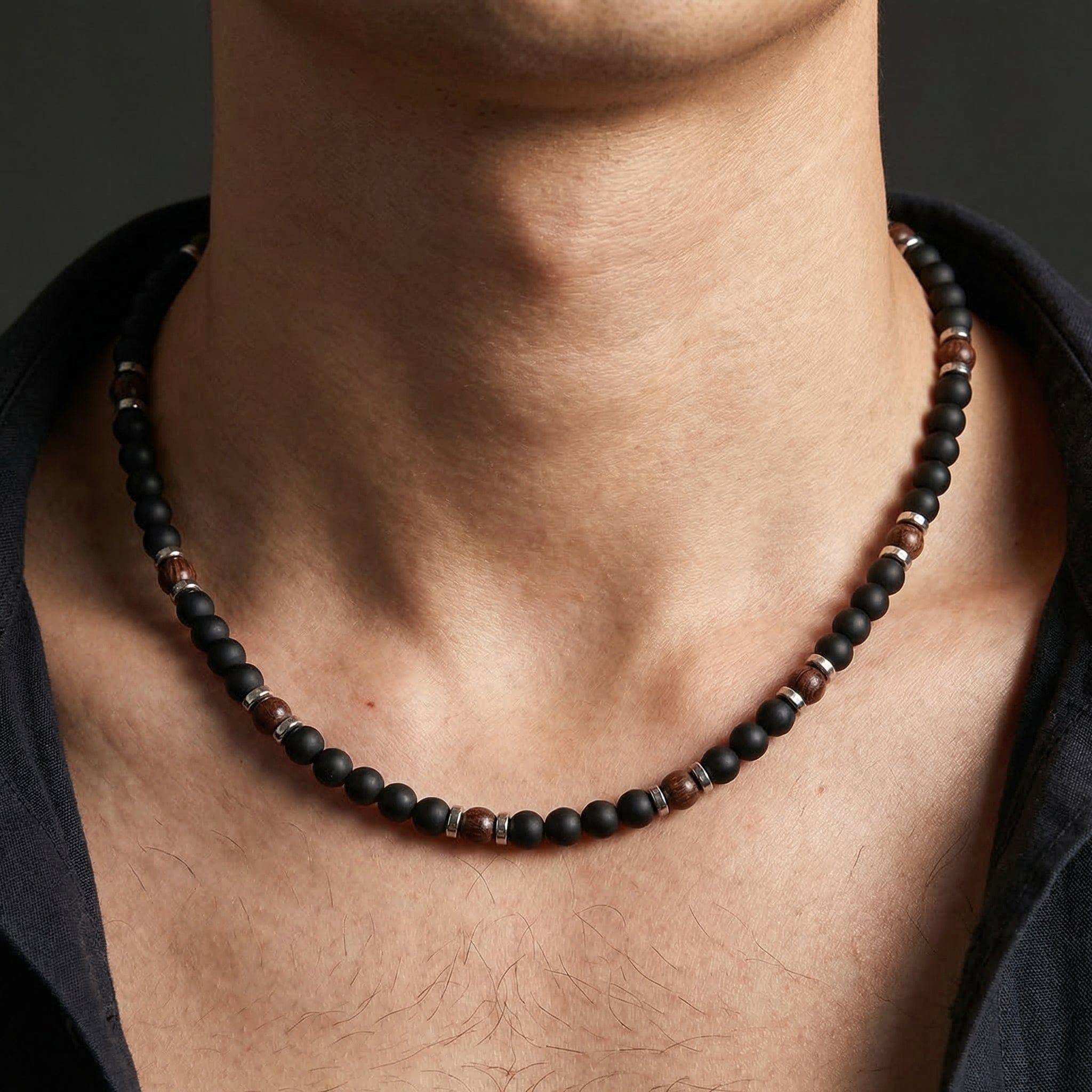 collier homme perles noires acajou acier inoxydable