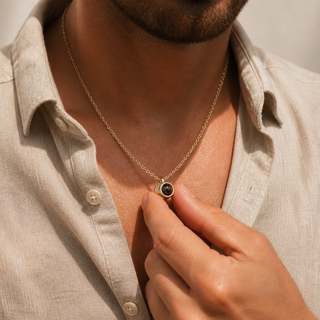 Collier photo projection homme doré tenu entre les doigts