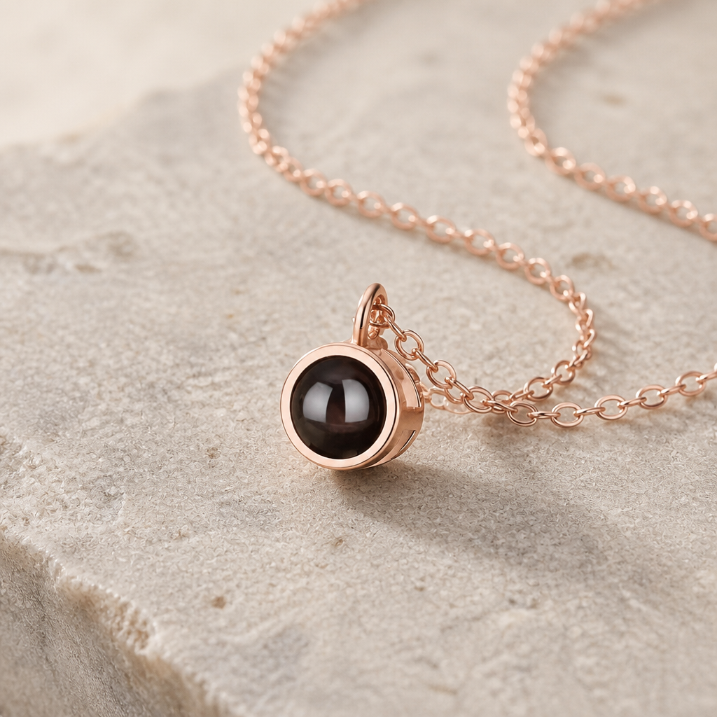 Collier photo personnalisé, pendentif projection en acier finition or rose