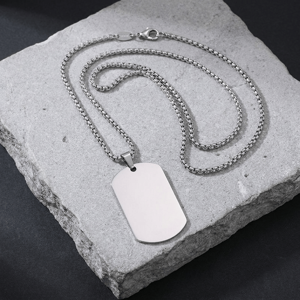 collier plaque militaire argent acier inoxydable homme