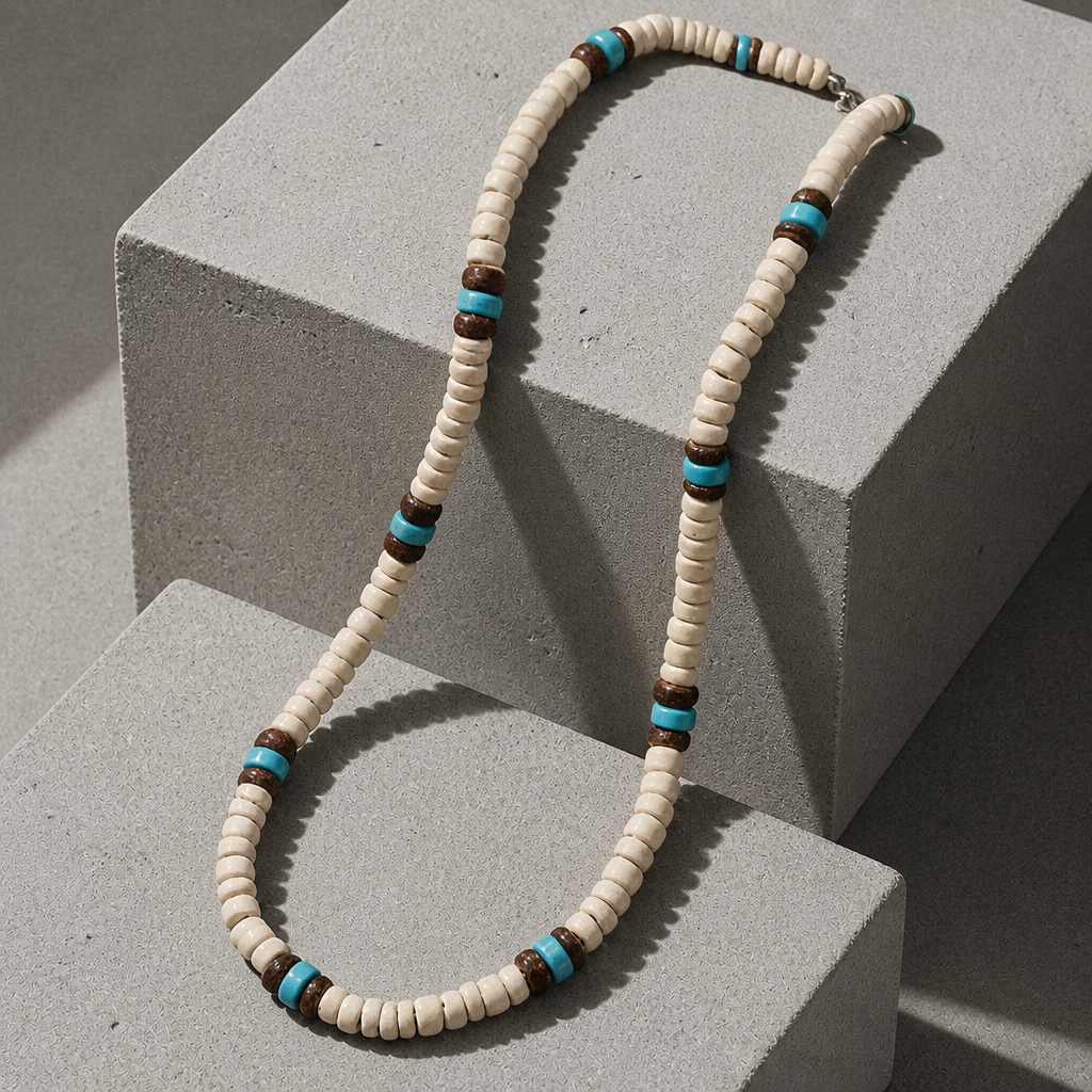 collier surfeur homme perles bois beige marron turquoise