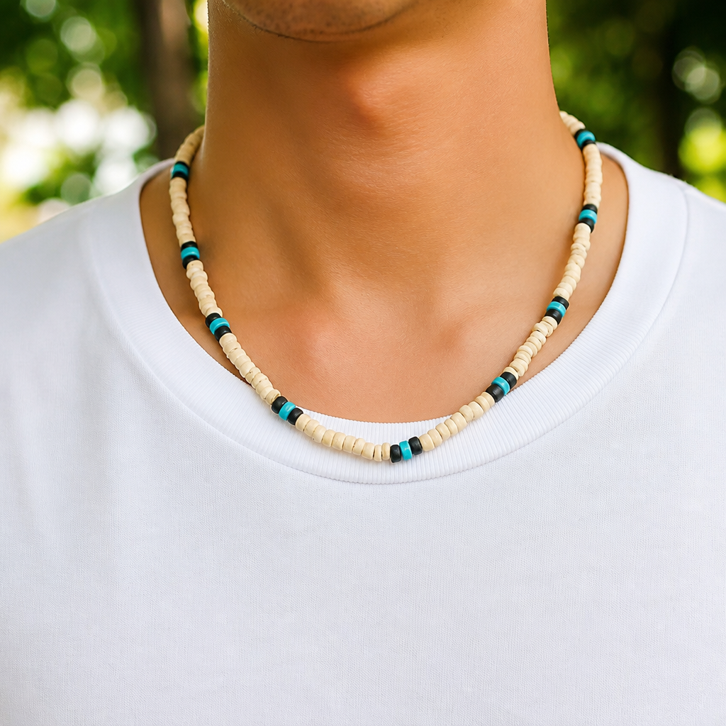 collier surfeur homme porté perles bois turquoise