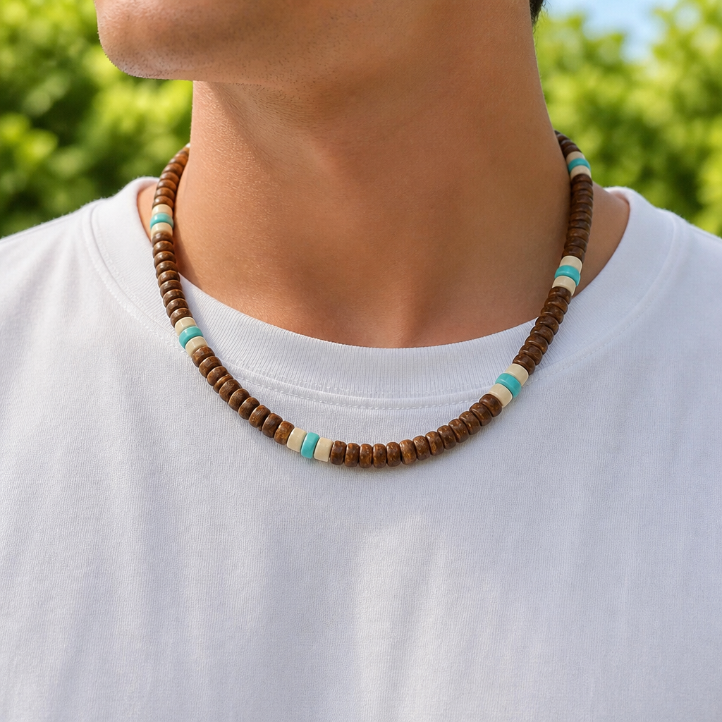 collier surfeur homme porté perles bois marron turquoise